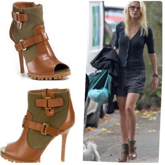 Tory Burch Oren Moss Olive Army Green & Brown Peep Toe Ankle Booties Heels Celeb - Picture 1 of 14